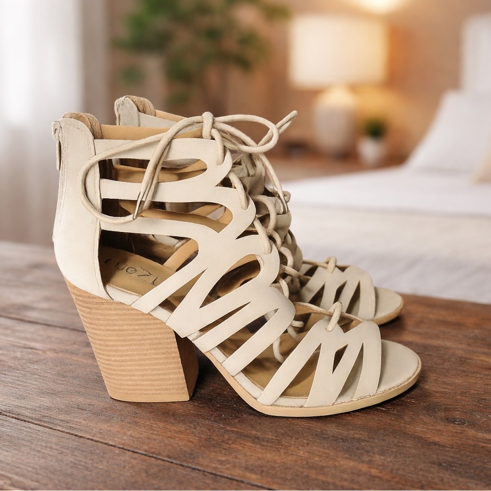 Beige Lace-Up Block Heel Sandals Women’s Size 8 Neutral Cutout Heels Rue21